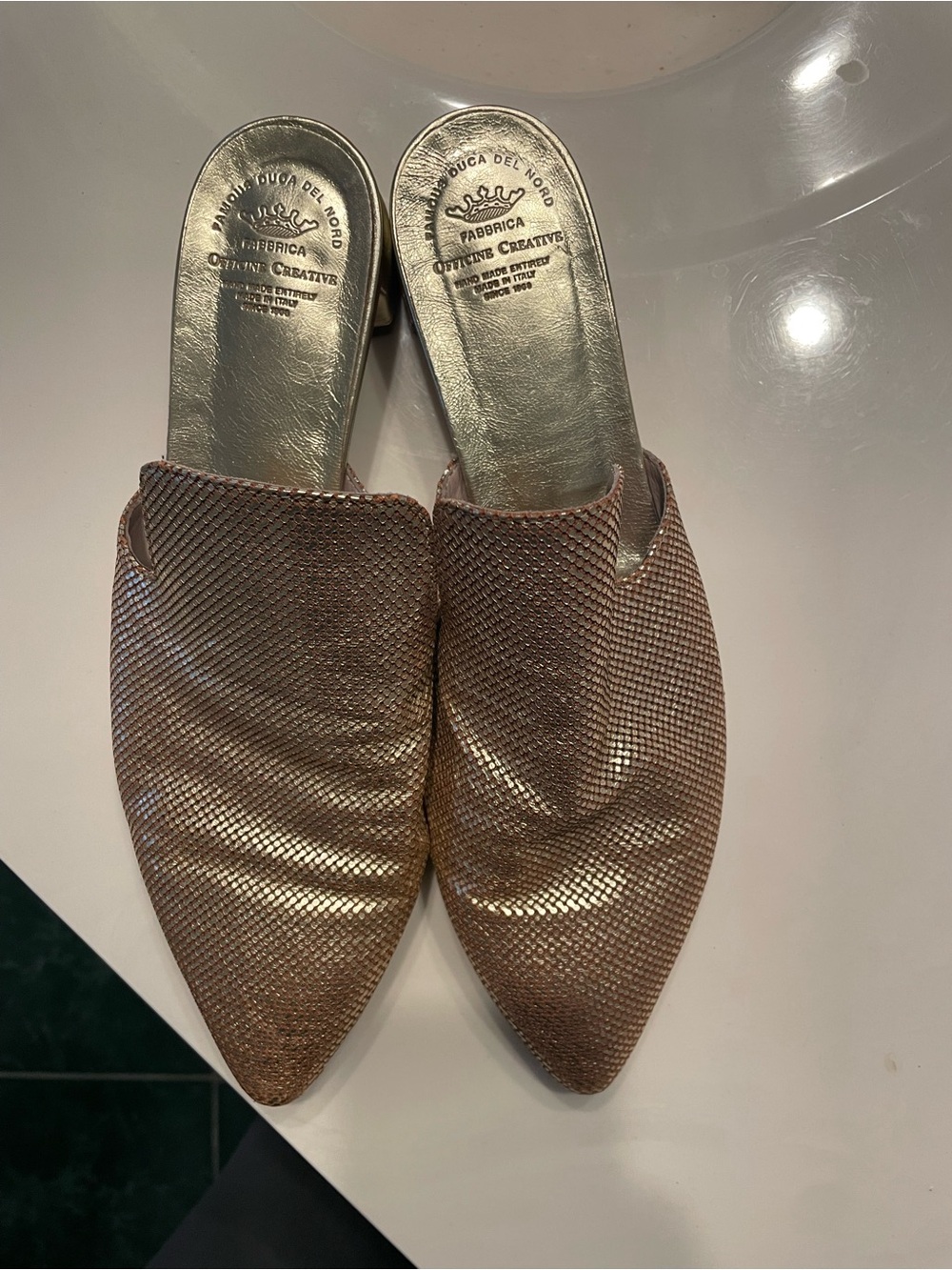 Officine Creative Rose Gold Pointed Mule Slides